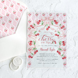 さくらんぼオントップピンクボウベビーシャワー アクリル招待状