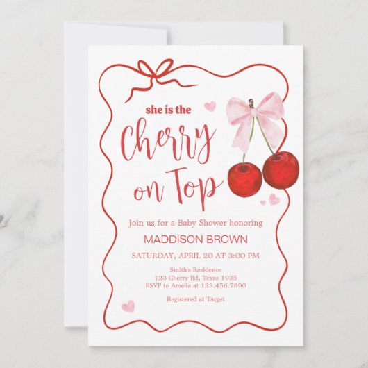 さくらんぼオントップピンクボウベビーシャワー 招待状 (正面)