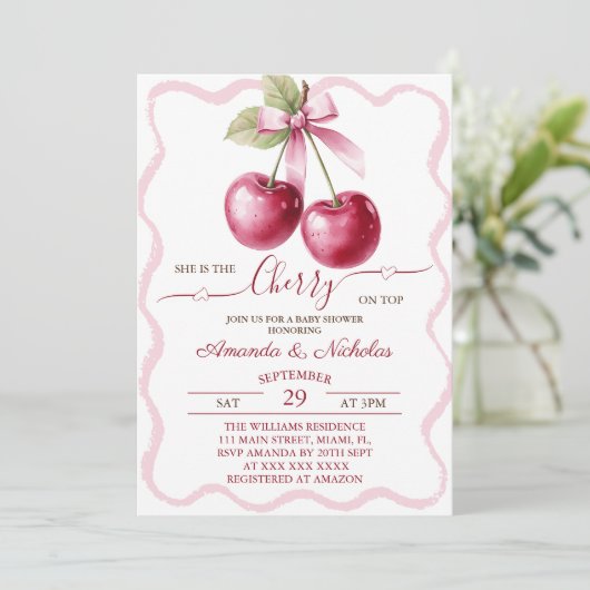 さくらんぼオントップピンクボウベビーシャワー 招待状 (スタンド正面)