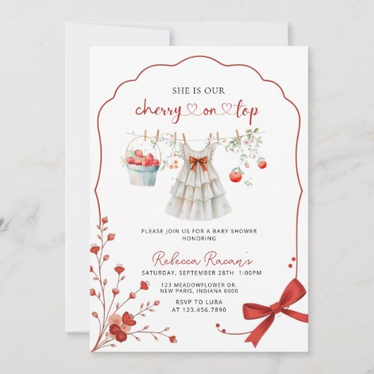 さくらんぼオントップピンクボウベビーシャワー 招待状 (正面)