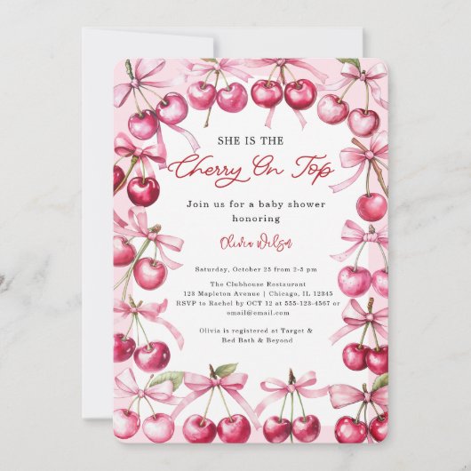 さくらんぼオントップピンクボウベリーベビーガールシャワー 招待状 (正面)