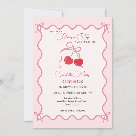 さくらんぼオントップピンクボウ任意の年の誕生日写真 招待状 (正面)