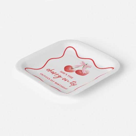 さくらんぼオントップピンクボウ名門私立校風の誕生日 ペーパープレート (傾斜あり)