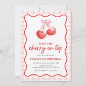 さくらんぼオントップピンクボウ名門私立校風の誕生日 招待状 (正面)