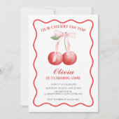 さくらんぼオントップピンクボウ名門私立校風の1歳の誕生日 招待状 (正面)