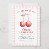 さくらんぼオントップピンクボウ名門私立校風の1歳の誕生日 招待状 (正面)