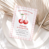 さくらんぼオントップピンクボウ名門私立校風の1歳の誕生日 招待状