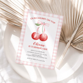 さくらんぼオントップピンクボウ名門私立校風の1歳の誕生日 招待状