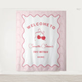 さくらんぼオントップピンクボウ誕生日 タペストリー (正面)