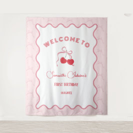 さくらんぼオントップピンクボウ誕生日 タペストリー