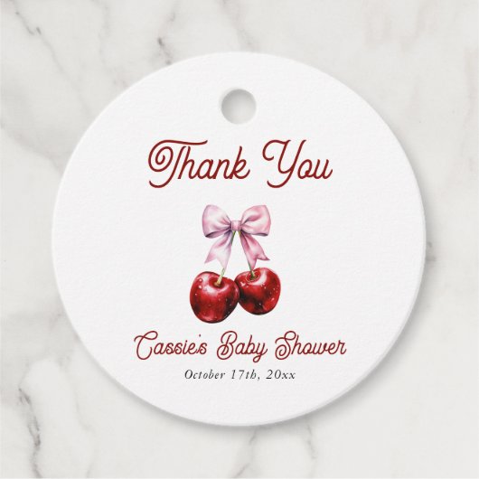 さくらんぼオントップピンクボウ赤ちゃんシャワーありがとう フェイバータグ (正面)