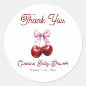 さくらんぼオントップピンクボウ赤ちゃんシャワーありがとう ラウンドシール (正面)