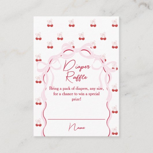 さくらんぼオントップピンクボウ赤ちゃんシャワーおむつラッフル エンクロージャーカード (正面)