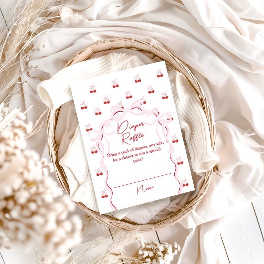 さくらんぼオントップピンクボウ赤ちゃんシャワーおむつラッフル エンクロージャーカード