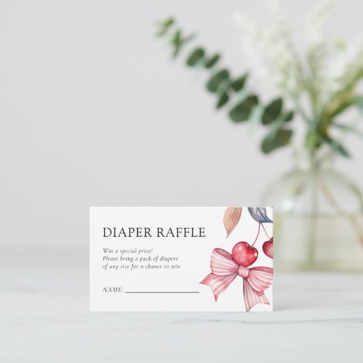 さくらんぼオントップピンクボウ赤ちゃんシャワーおむつラッフル エンクロージャーカード (スタンド正面)
