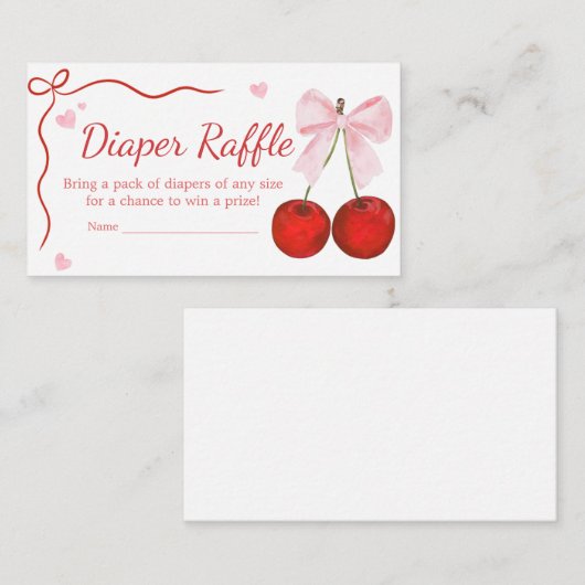 さくらんぼオントップピンクボウ赤ちゃんシャワーおむつラッフル エンクロージャーカード (正面/裏面)