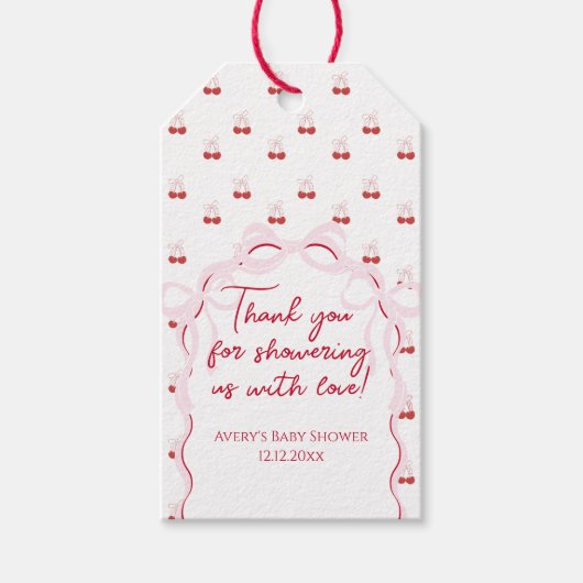 さくらんぼオントップピンクボウ赤ちゃんシャワーおむつラッフル ギフトタグ (正面)