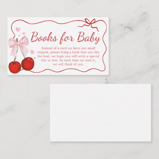 さくらんぼオントップピンクボウ赤ちゃんシャワーブックベビー エンクロージャーカード (正面/裏面)