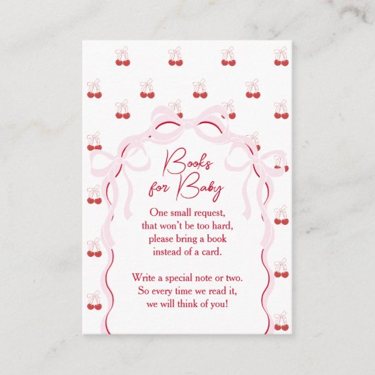 さくらんぼオントップピンクボウ赤ちゃんシャワーブックリクエスト エンクロージャーカード (正面)