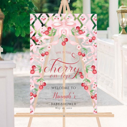 さくらんぼオントップピンクボウ赤ちゃんシャワー歓迎 アクリルサイン