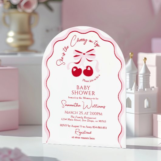 さくらんぼオントップピンクボウ赤ベビーガールシャワーインビタ 招待状