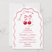 さくらんぼオントップピンクボウ赤ベビーガールシャワーインビタ 招待状 (正面)