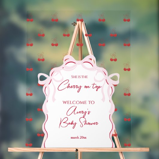さくらんぼオントップピンクボウ赤ベビーガールシャワー アクリルサイン (ニュートラル)
