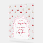 さくらんぼオントップピンクボウ赤ベビーガールシャワー アクリルサイン (傾斜)