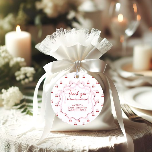 さくらんぼオントップピンクボウ赤ベビーガールシャワー フェイバータグ