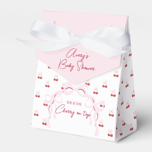 さくらんぼオントップピンクボウ赤ベビーガールシャワー フェイバーボックス (正面サイド)