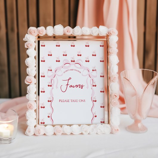 さくらんぼオントップピンクボウ赤ベビーガールシャワー ポスター