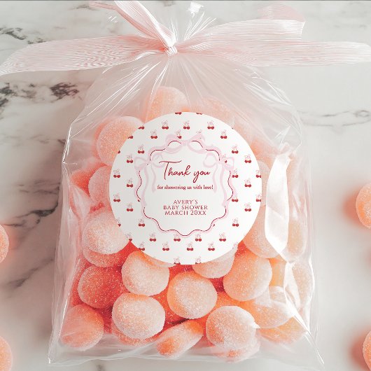 さくらんぼオントップピンクボウ赤ベビーガールシャワー ラウンドシール