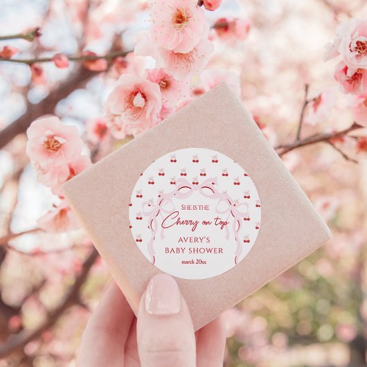 さくらんぼオントップピンクボウ赤ベビーガールシャワー ラウンドシール