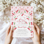 さくらんぼオントップピンクボウQRコードベビーシャワー 招待状