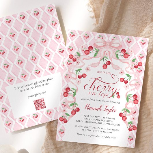 さくらんぼオントップピンクボウQRコードベビーシャワー 招待状