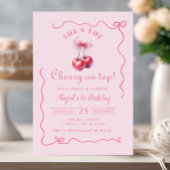さくらんぼオントップピンク手描き誕生日と弓 招待状