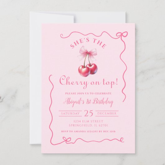 さくらんぼオントップピンク手描き誕生日と弓 招待状 (正面)