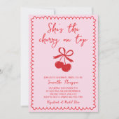 さくらんぼオントップピンク&レッドハンドドローブライダルシャワー 招待状 (正面)