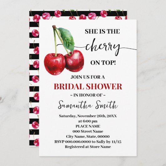 さくらんぼオントップブライダルシャワーミニマル 招待状 (正面/裏面)