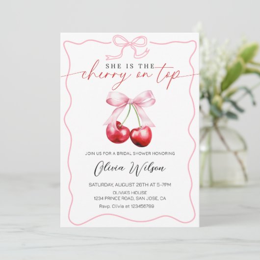 さくらんぼオントップブライダルシャワー – スウィート&エレガントパーティー 招待状 (スタンド正面)
