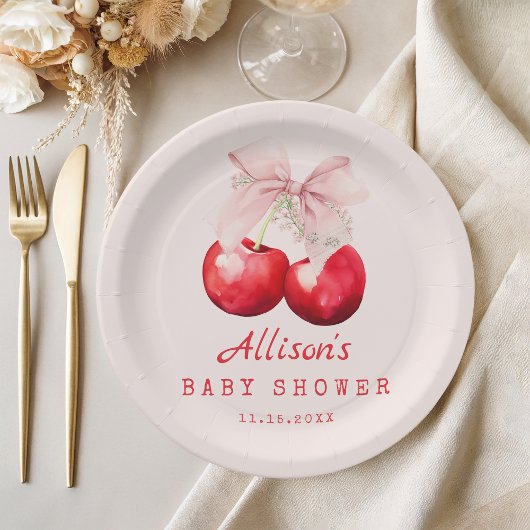 さくらんぼオントップベビーシャワーガールレッド&ピンク ペーパープレート