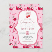 さくらんぼオントップベビーシャワーピンクのブロッサムリボン 招待状 (正面/裏面)