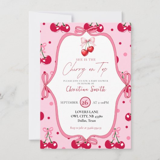 さくらんぼオントップベビーシャワーピンクのブロッサムリボン 招待状 (正面)