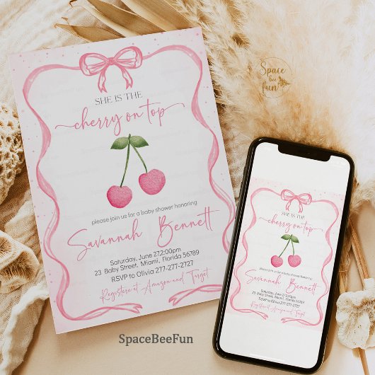 さくらんぼオントップベビーシャワーボウ 招待状