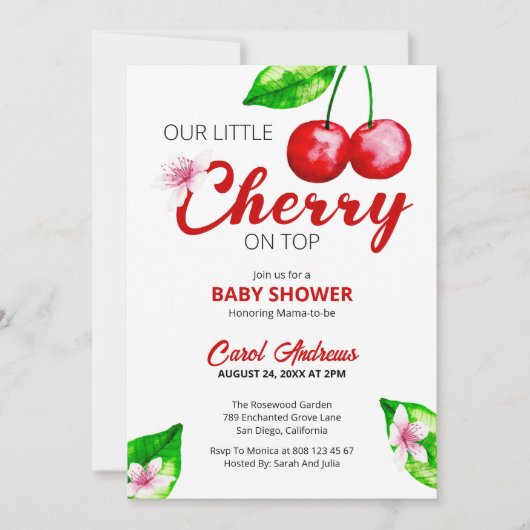 さくらんぼオントップベビーシャワー水カラーフローラ 招待状 (正面)