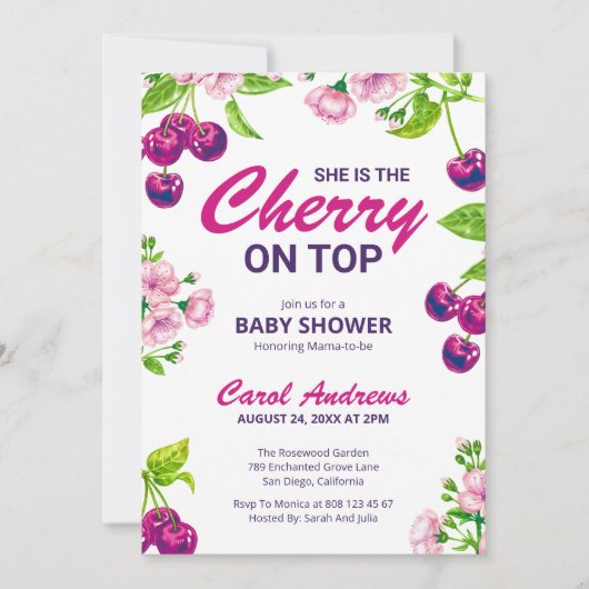 さくらんぼオントップベビーシャワー水彩花 招待状 (正面)