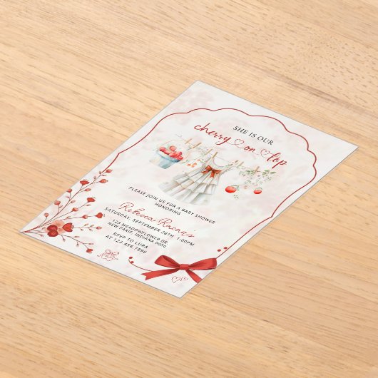 さくらんぼオントップベビーシャワー | ピンクの弓と水色 アクリル招待状 (レイダウン)