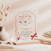 さくらんぼオントップベビーシャワー | ピンクの弓と水色 アクリル招待状