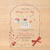 さくらんぼオントップベビーシャワー | ピンクの弓と水色 アクリル招待状 (正面)