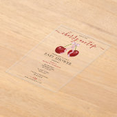 さくらんぼオントップベビーモダンシャワーピンクボウガール アクリル招待状 (レイダウン)